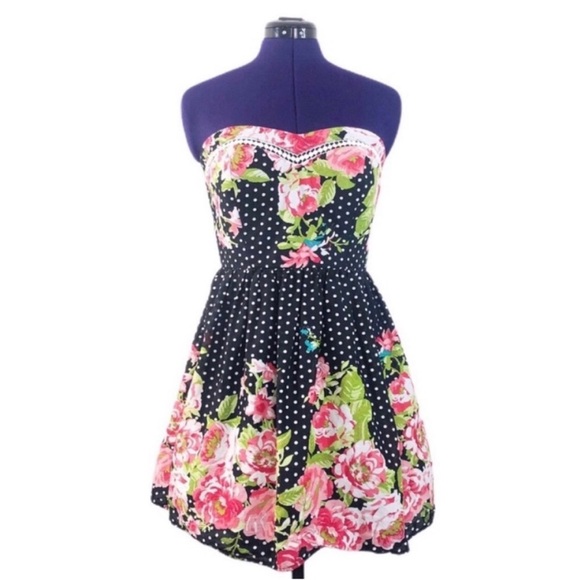 Dresses & Skirts - Floral Polka Dot Strapless Mini Dress Retro Rockabilly Style Pinup